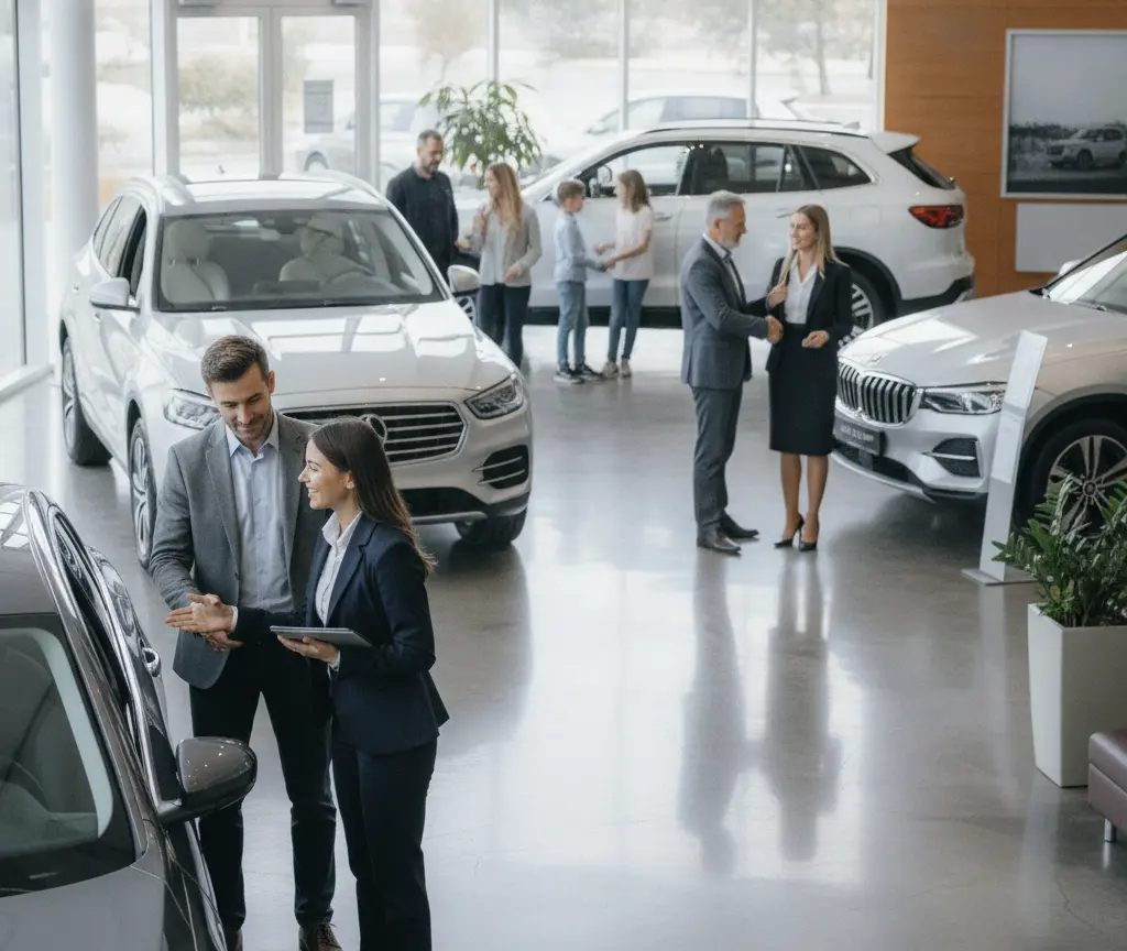 Une conseillère commerciale montre une voiture à un client dans la salle d'exposition d'une concession automobile.