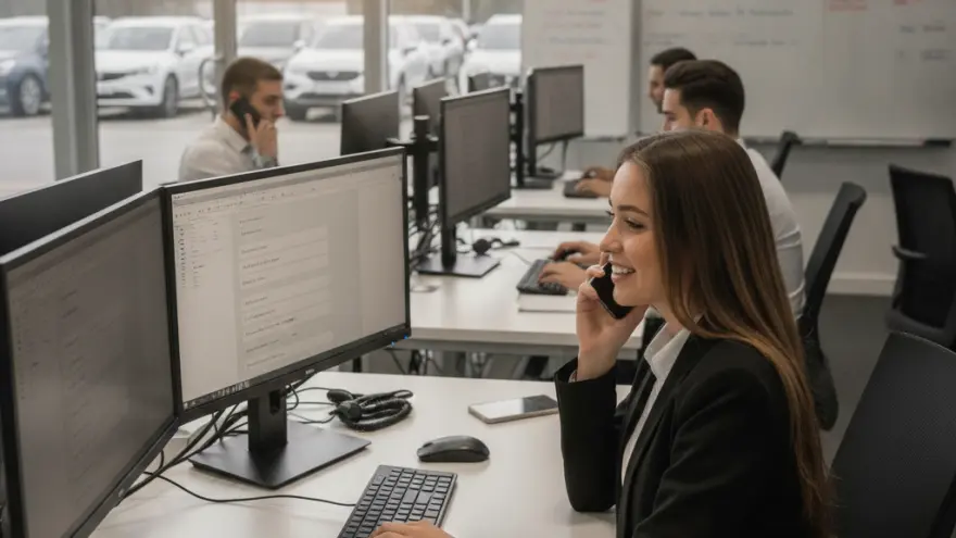 Une femme en costume noir téléphone à son bureau devant un ordinateur dans un espace de travail partagé.