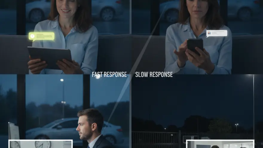 Un montage de quatre images montrant des personnes utilisant des appareils numériques de nuit, avec une voiture garée à l'extérieur en arrière-plan.