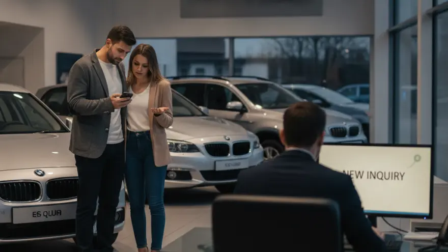Una pareja mira un teléfono móvil en un concesionario de coches frente a un empleado sentado en su escritorio.