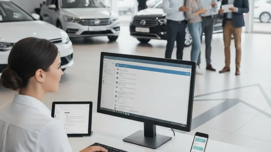 Una empleada trabaja en su escritorio con una computadora en primer plano, mientras un grupo de personas conversa junto a varios automóviles en un concesionario al fondo.