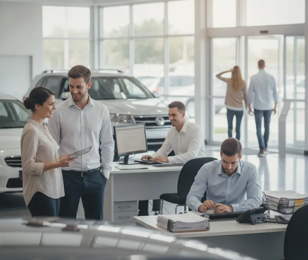 Varios empleados y clientes interactúan en el interior de un concesionario de coches luminoso con vehículos de fondo.