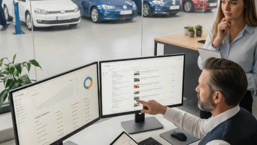 En Maa und e Frau lueged gmeinsam uf zwei grossi Bildschirm inere Autogarage mit Autos im Hintergrund.