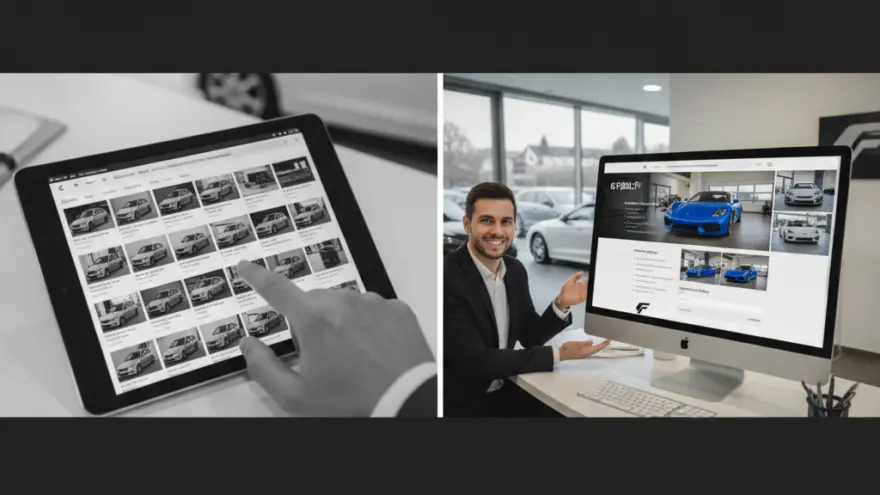 E Hand bedient es Tablet mit Autobilder und en Verkäufer zeigt uf en Computerbildschirm mit Sportautos.
