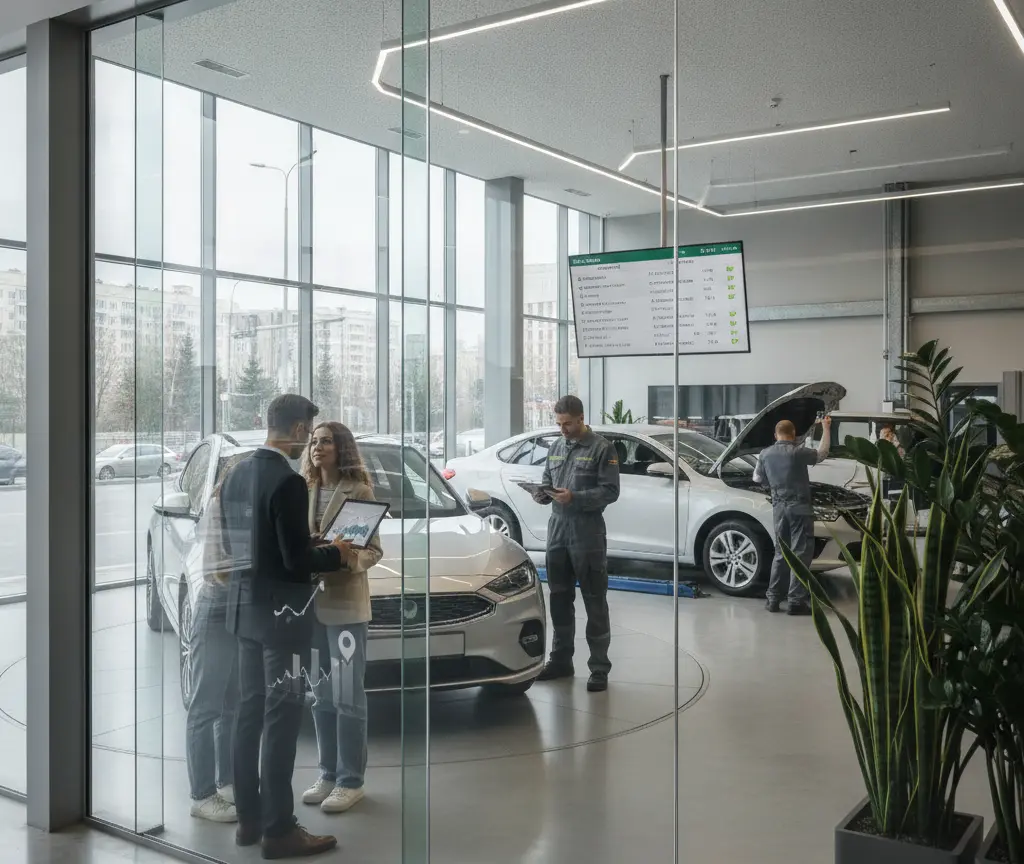 Es Paar redet mit eme Verkäufer inere Autowerkstatt, während im Hintergrund Mechaniker an Autos schaffed.