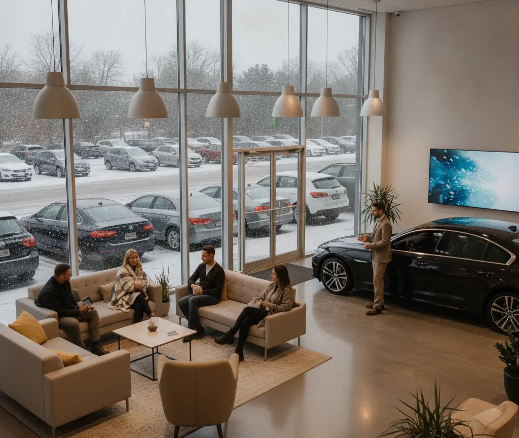 Un conseiller en costume présente une berline noire à un groupe de personnes assises dans le salon d'attente d'une concession automobile, devant de grandes baies vitrées donnant sur un parking enneigé.