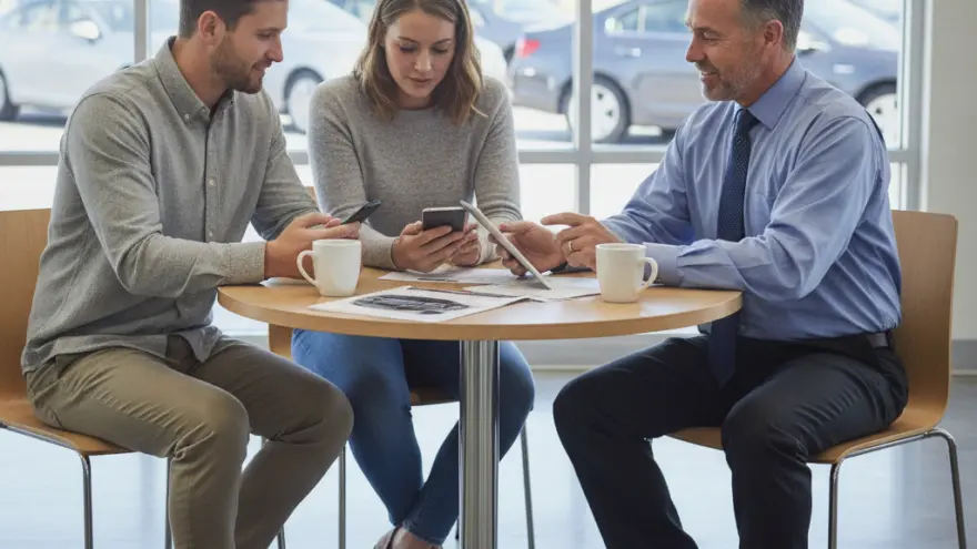 Un couple assis à une table ronde discute avec un conseiller qui leur montre une tablette numérique.