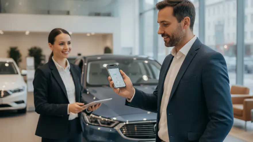 Un homme en costume montre son smartphone à une conseillère commerciale souriante dans une concession automobile devant une voiture bleue.