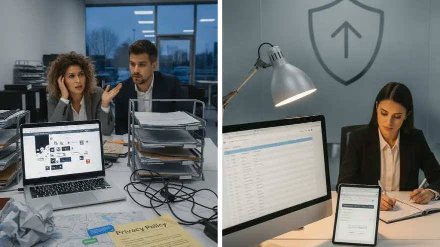 Deux scènes de bureau juxtaposées montrant des employés travaillant tard le soir avec des ordinateurs et des documents.