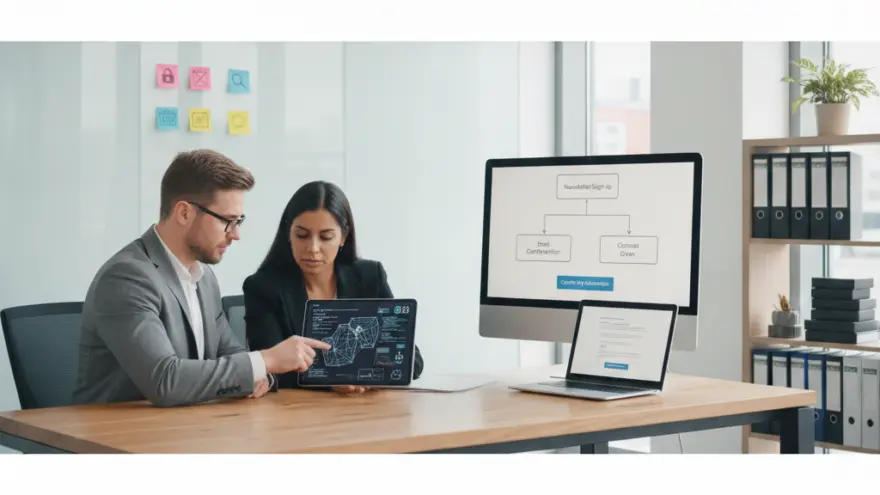 Un homme et une femme en tenue professionnelle analysent des données sur une tablette dans un bureau moderne.