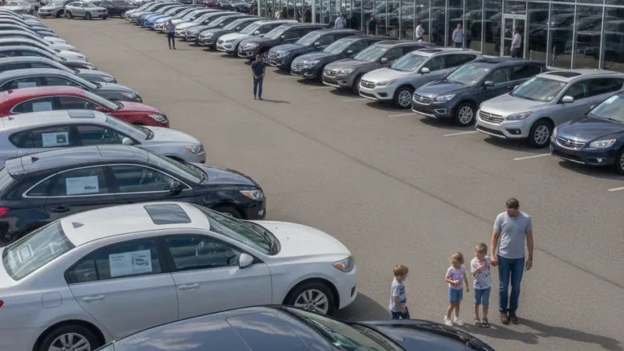 Ein Mann und drei Kinder stehen auf dem Parkplatz eines Autohauses mit zahlreichen geparkten Fahrzeugen.