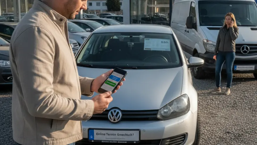 Ein Mann blickt auf sein Smartphone vor einem silbernen Auto auf einem Autohof, während im Hintergrund eine Frau telefoniert.
