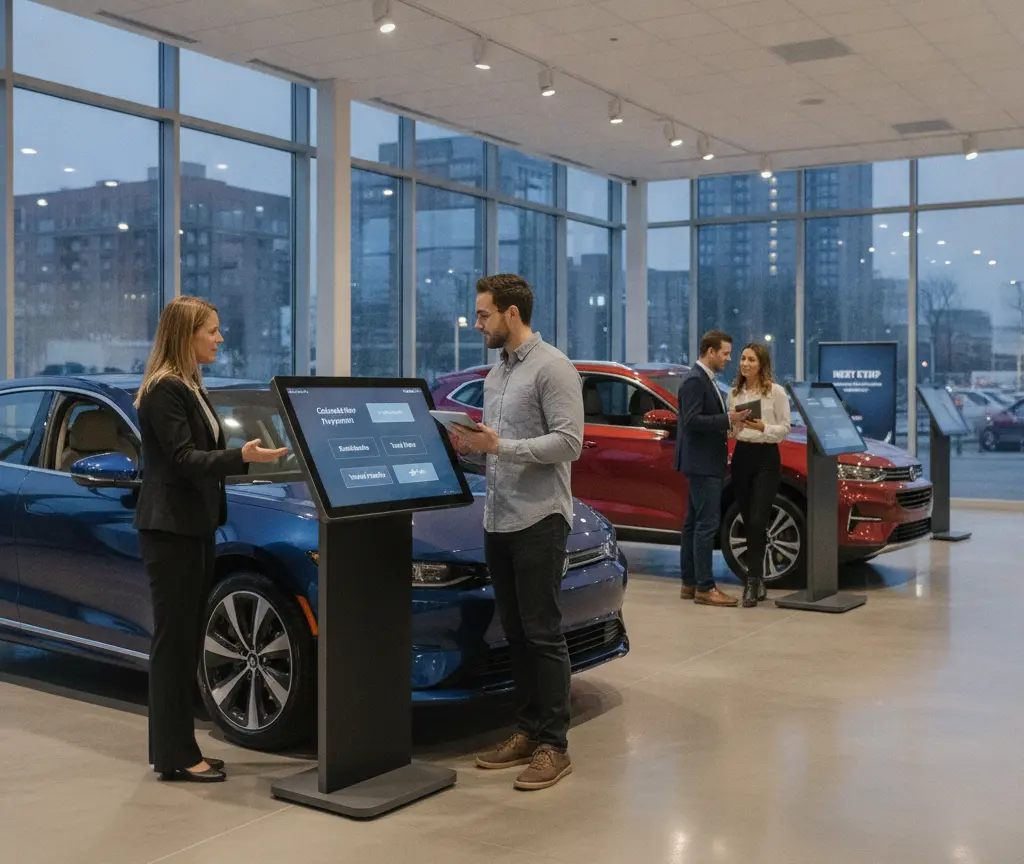 Ein Mann und eine Frau stehen in einem Autohaus an einem Informationsbildschirm neben einem blauen Auto, während im Hintergrund ein weiteres Paar an einem roten Auto steht.