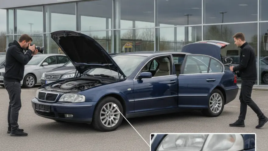 Zwei Männer fotografieren eine blaue Limousine mit geöffneter Motorhaube und geöffneten Türen vor einem Autohaus.