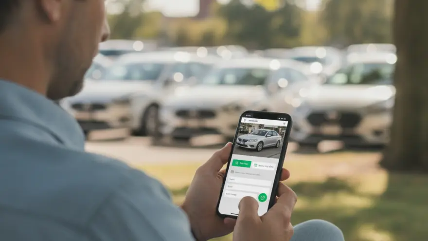 Ein Mann betrachtet auf seinem Smartphone eine App mit einem Auto, während im unscharfen Hintergrund mehrere weiße Fahrzeuge parken.