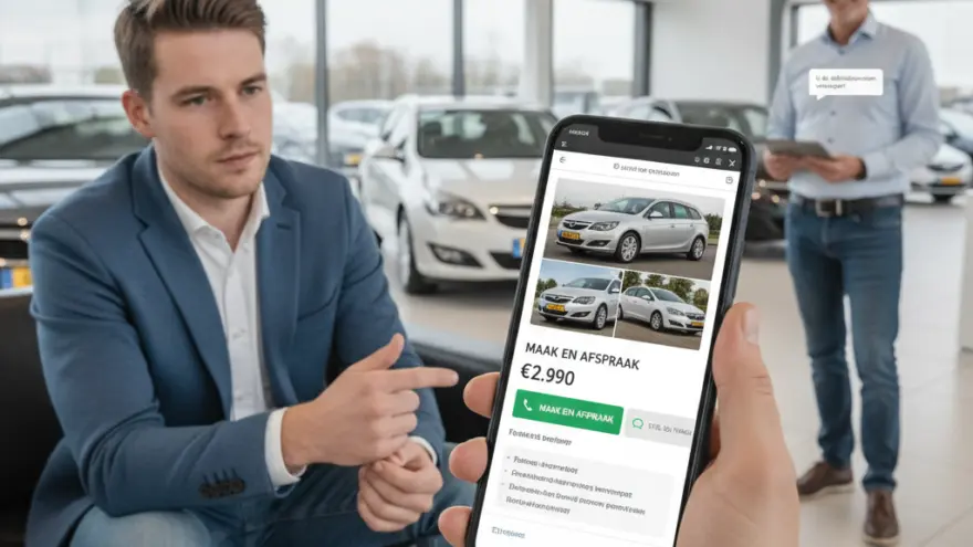 Een man in een blauw jasje wijst naar een smartphone waarop een auto-advertentie te zien is, met op de achtergrond een showroom en een verkoper.