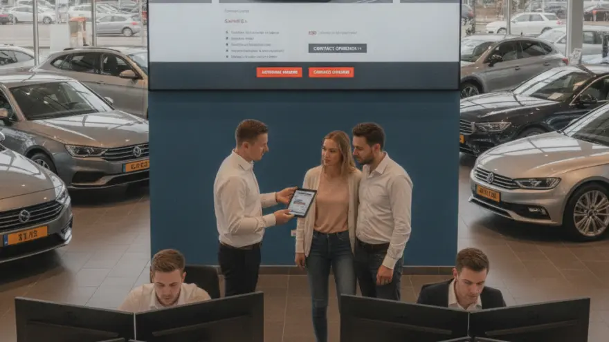 Een verkoper toont een tablet aan een koppel in een autoshowroom, met op de achtergrond geparkeerde auto's en een groot scherm.