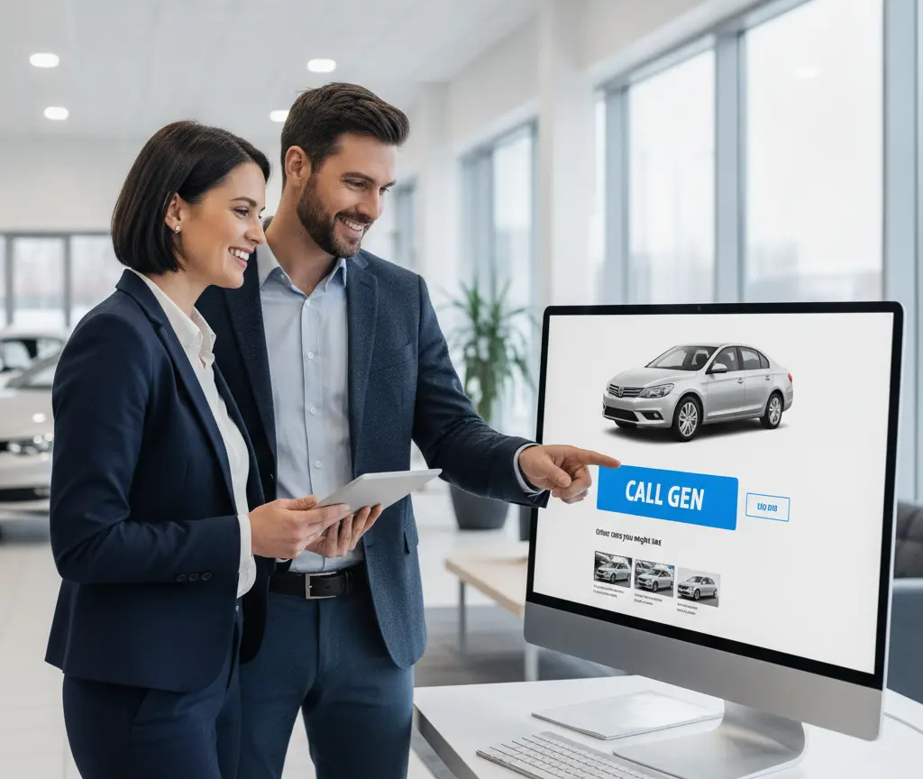 Een glimlachende man en vrouw in pak bekijken een computerscherm waarop een auto en een blauwe knop worden getoond.