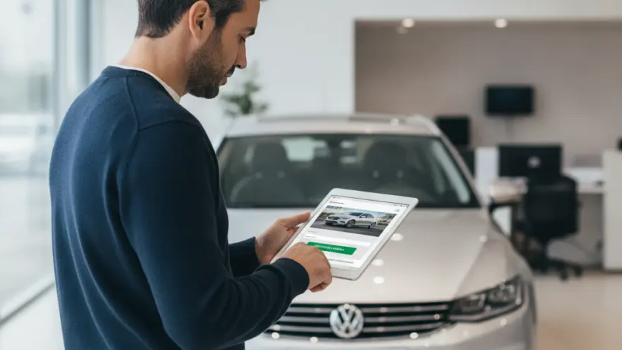 Un hombre de perfil sostiene una tableta digital frente a un automóvil plateado en un concesionario.