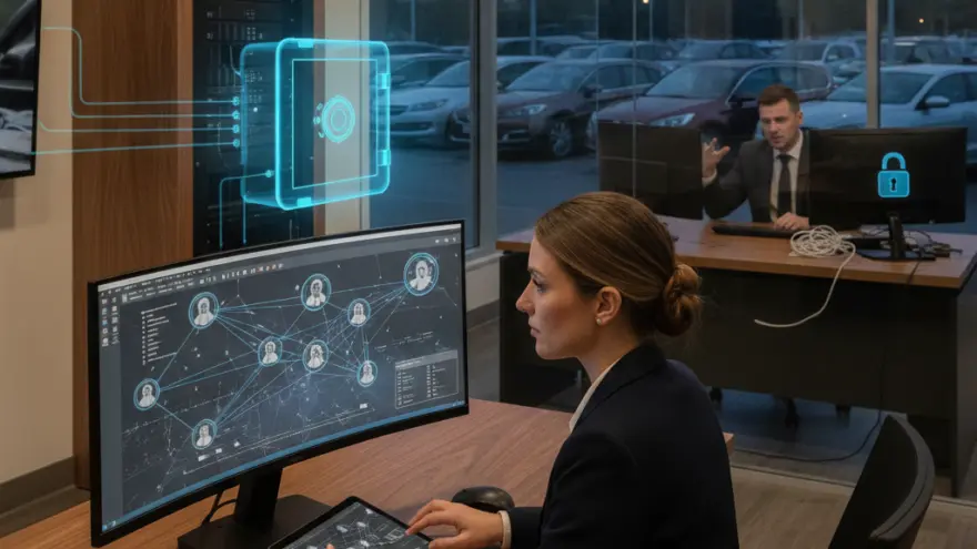 Una mujer sentada frente a un monitor curvo que muestra un mapa de red mientras un hombre trabaja en otra oficina al fondo con autos estacionados afuera.