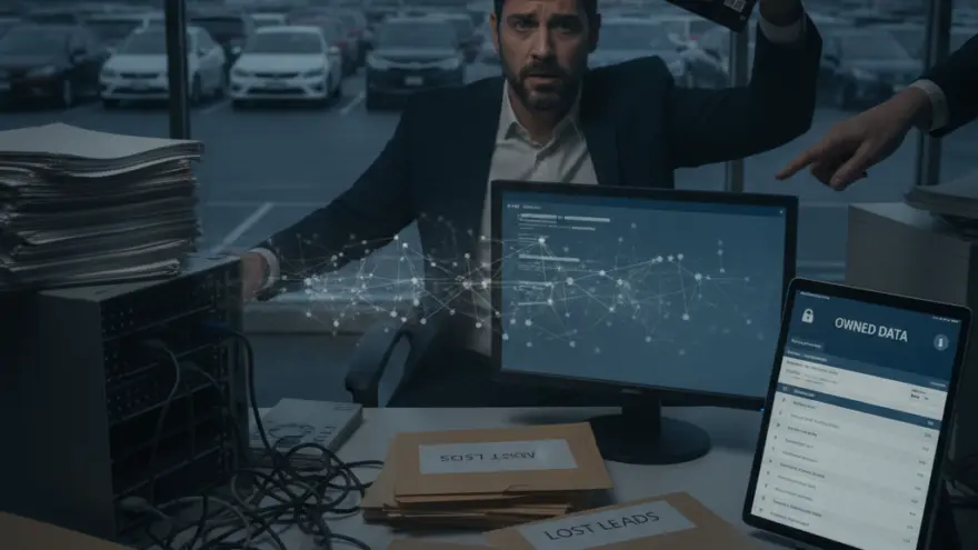 Un homme en costume assis à un bureau encombré de dossiers et d'ordinateurs, tenant un disque dur dans un bureau avec vue sur un parc de voitures.