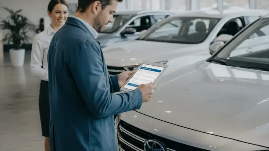 Un homme en veste bleue regarde une tablette devant une voiture grise dans une concession automobile, avec une femme souriante en arrière-plan.