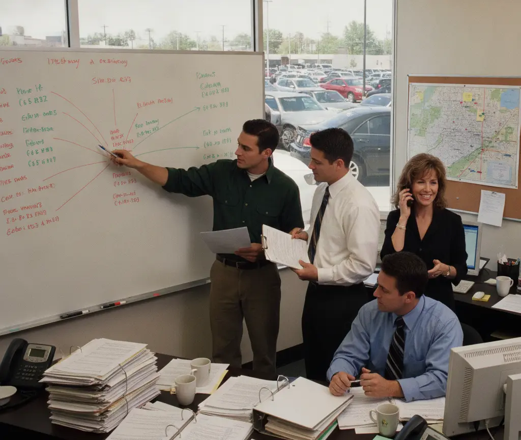 Quatre professionnels de l'automobile se réunissent dans un bureau devant un tableau blanc avec un parking visible par la fenêtre.