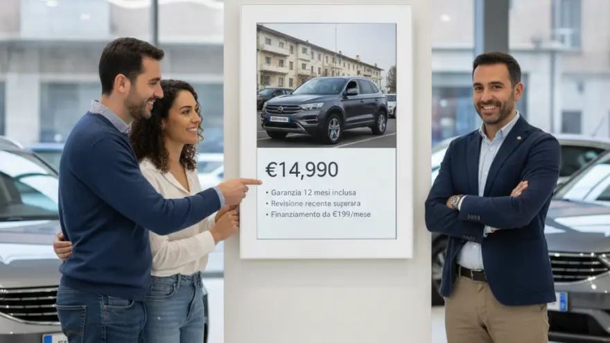 Un uomo e una donna guardano un cartello con il prezzo di un'auto in una concessionaria, mentre un venditore sorride con le braccia conserte.
