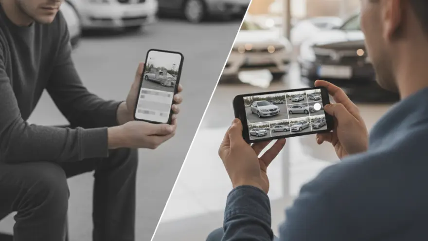 Zwei Männer lueged uf ihre Smartphones Bilder vo Autos a, während im Hintergrund echti Autos parkiert sind.