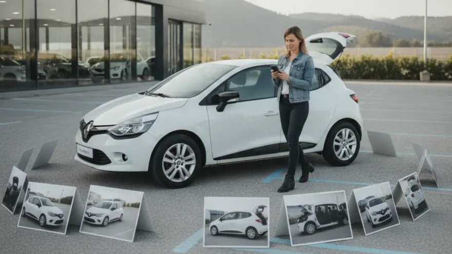 E Frau staht mit ihrem Smartphone näbed eme wiisse Auto uf eme Parkplatz vor eme Autohuus, umgäh vo ufgstellte Föteli vom gliche Auto.