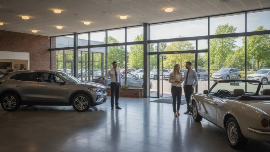 Een autoverkoper in een showroom toont een grijze SUV aan een pratend stel bij een klassieke cabriolet.