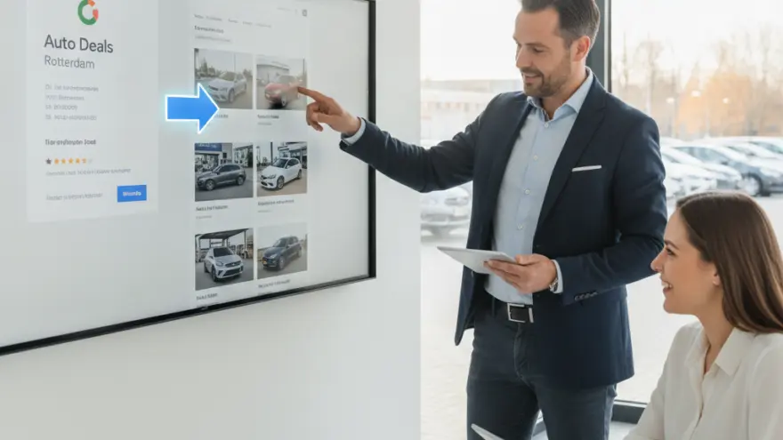 Een man in een pak wijst naar een groot scherm met auto-advertenties terwijl een vrouw aan een tafel toekijkt.