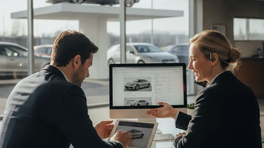 Ein Mann und eine Frau im Anzug sitzen an einem Glastisch in einem Autohaus und betrachten Fahrzeugmodelle auf einem Computerbildschirm und einem Tablet.