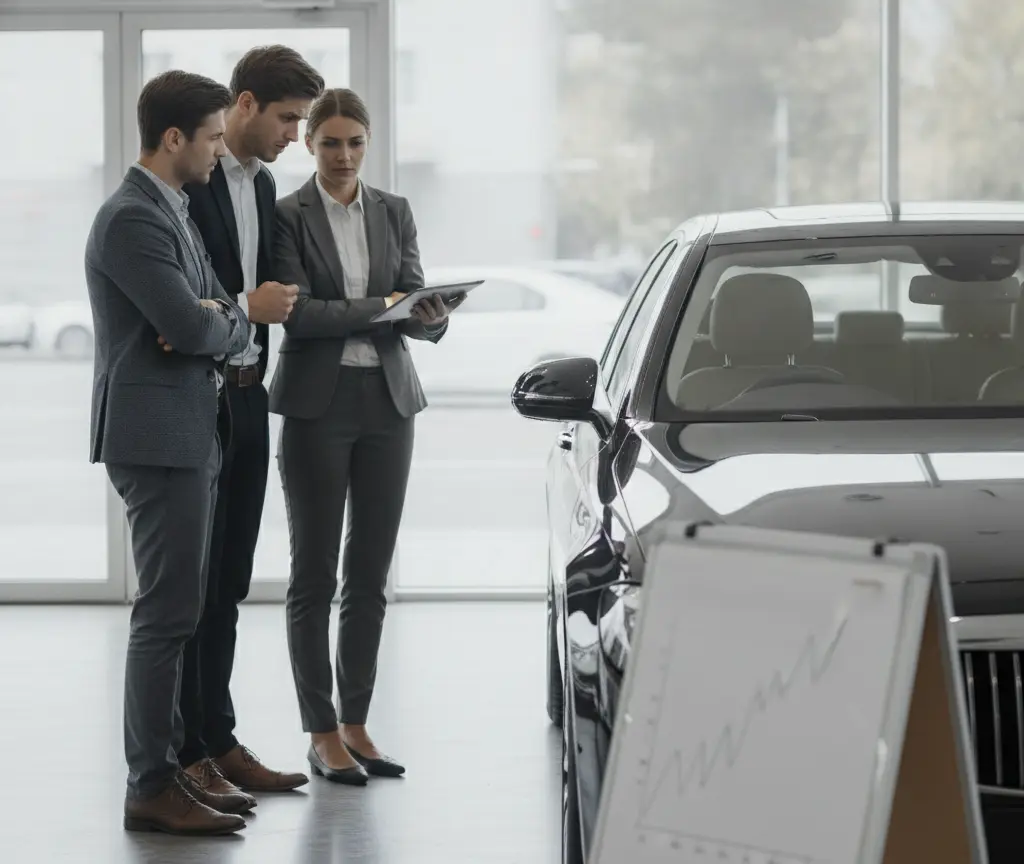 A saleswoman in a grey suit shows a digital tablet to two men in suits standing next to a black car in a showroom.