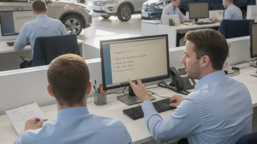 Dos empleados de oficina con camisas azules trabajan frente a una computadora en un concesionario de autos con vehículos de fondo.