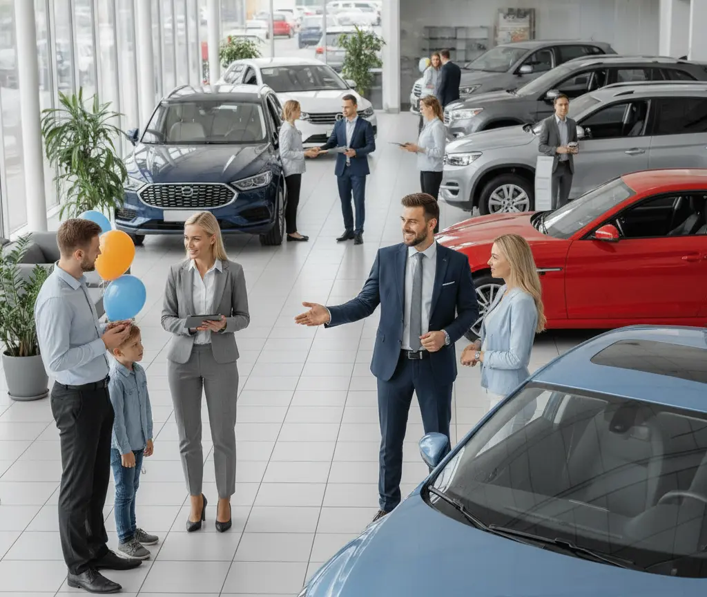 Varios clientes y vendedores conversan en la sala de exposición de un concesionario de automóviles con varios vehículos en exhibición.