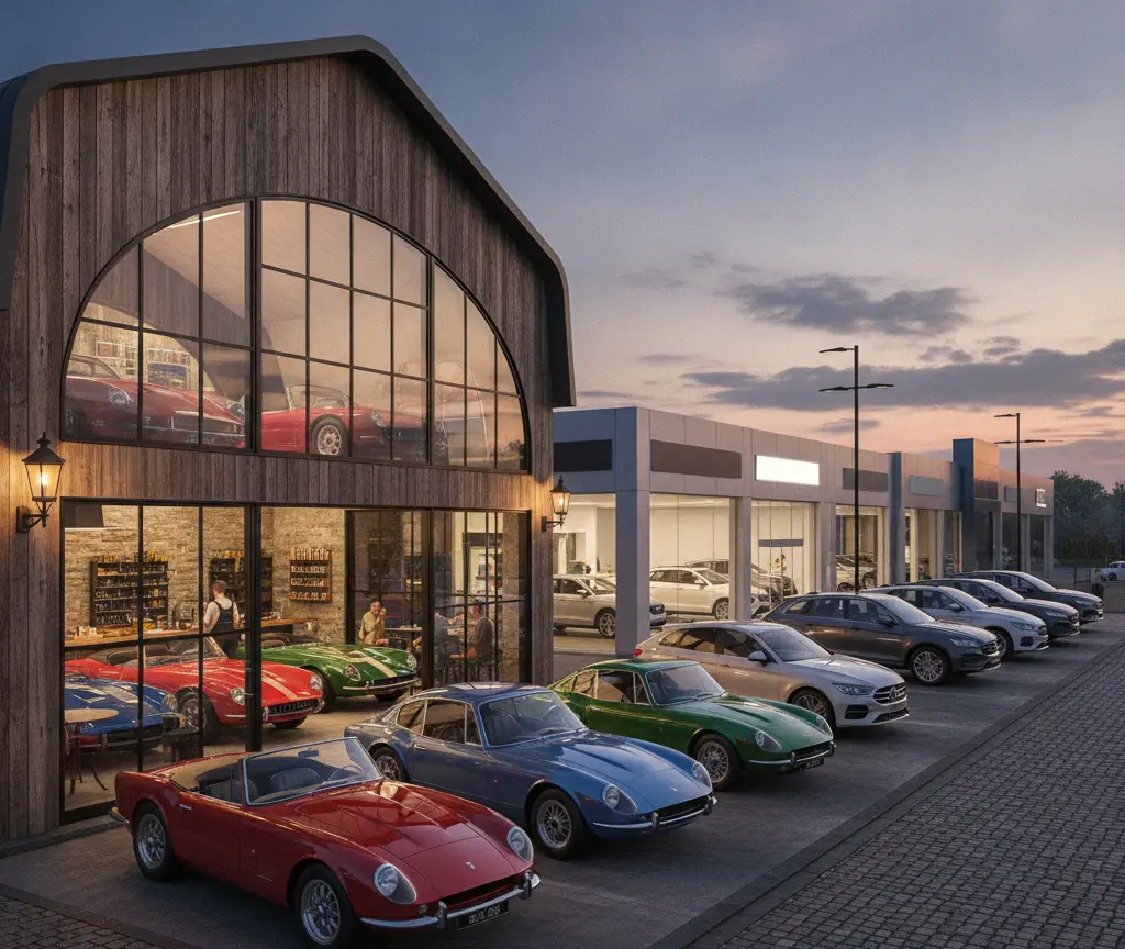 Klassischi Sportautos parkiert vor eme hölzige Showroom und ere Reihe vo moderne Autohüser bi Dämmerig.