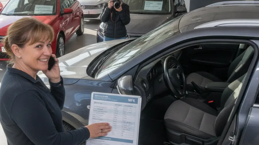 En Frau telefoniert inere Autohalle und zeigt uf es Dokument vor eme graue Auto, während im Hindergrund anderi Autos und Persone z gseh sind.