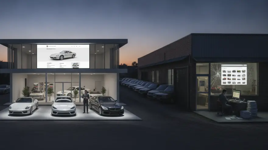 Ein modernes, hell erleuchtetes Autohaus mit Sportwagen im Kontrast zu einer dunkleren Werkstatt daneben in der Abenddämmerung.
