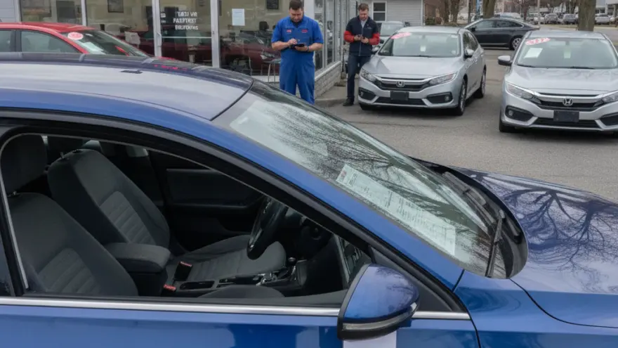 Ein blaues Auto steht im Vordergrund auf dem Parkplatz eines Autohändlers, während im Hintergrund zwei Männer vor dem Verkaufsgebäude stehen.