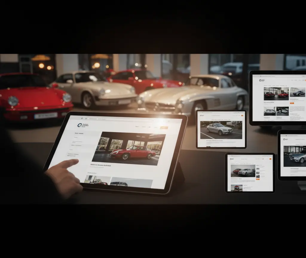 Eine Hand bedient ein Tablet mit einer Auto-Website vor einem Hintergrund mit unscharfen Oldtimern in einem Showroom.