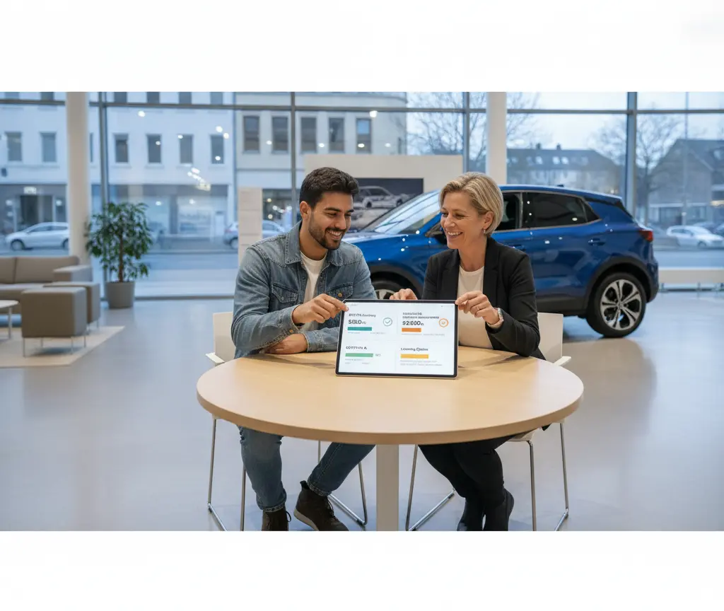 Ein Mann und eine Frau sitzen lächelnd an einem runden Holztisch in einem Autohaus und betrachten ein Tablet, während im Hintergrund ein blaues Auto steht.