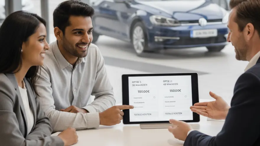 Een lachend stel zit aan een witte tafel in een showroom en bekijkt lease-opties op een tablet die door een verkoper wordt getoond, met een blauwe auto op de achtergrond.