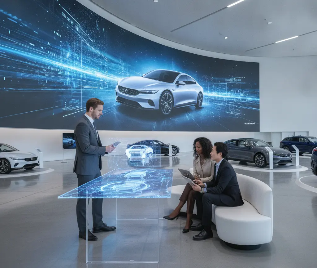 Een verkoper in pak toont een holografisch autoconcept op een glazen tafel aan een zittend koppel in een moderne showroom met een groot digitaal scherm op de achtergrond.