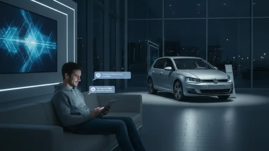 Een man zit op een bank met een tablet in een showroom met een zilveren auto op de achtergrond.