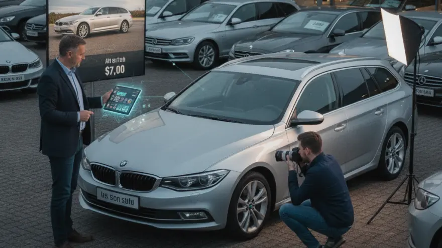 Een fotograaf maakt een foto van een zilveren stationwagen op het buitenterrein van een autodealer, terwijl een man in pak toekijkt met een tablet.