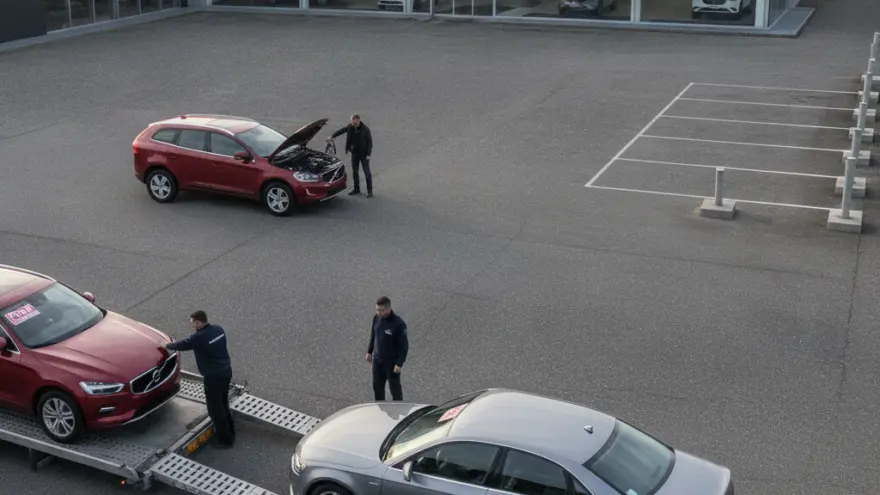 Drie mannen op een parkeerterrein bij een autodealer, waarvan één een auto op een aanhanger laadt en een ander met de motorkap open staat.