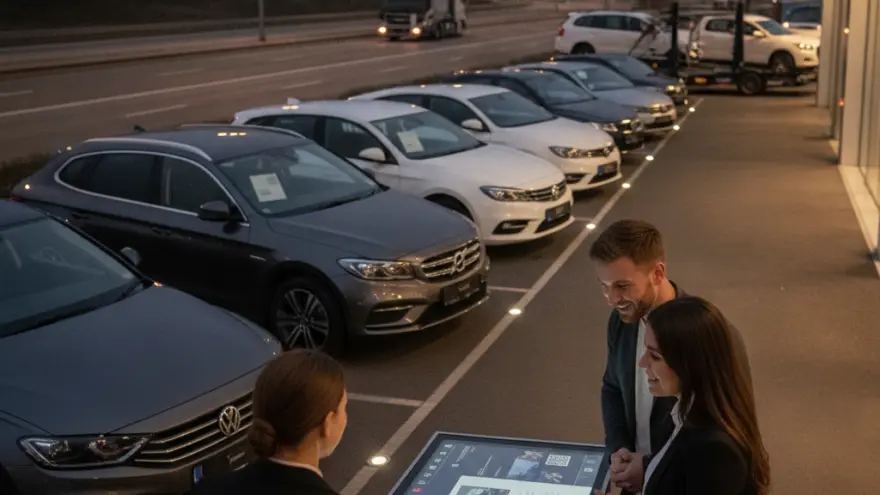 Een man en twee vrouwen in formele kleding bekijken een interactief scherm buiten bij een autodealer in de avond.
