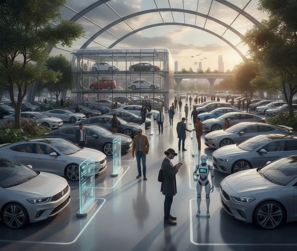 Een futuristische autoshowroom onder een glazen boogconstructie met diverse auto's, bezoekers, holografische schermen en een humanoïde robot.