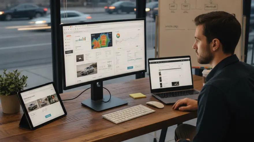 Een man zit aan een houten bureau voor een groot computerscherm met grafieken en een laptop, met uitzicht op een straat.